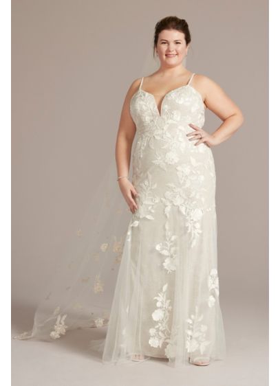 Lace Applique Tulle Mermaid Plus Size Wedding Gown - A subtle mermaid gown is always a showstopper.
